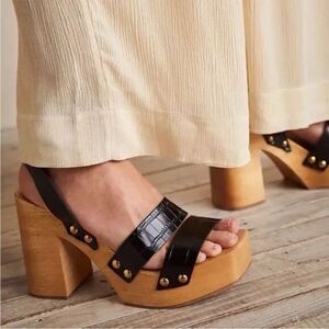 NEW Free People Mallory Black Strappy Wooden Clogs Sandals Heels EU 38 US 8
